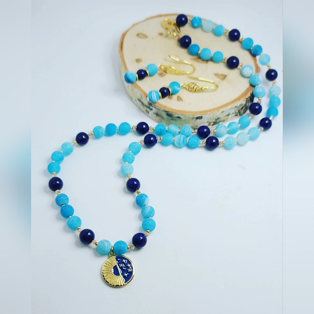 Matte Blue Agate, Lapis Sun/ Star necklace and earrings set